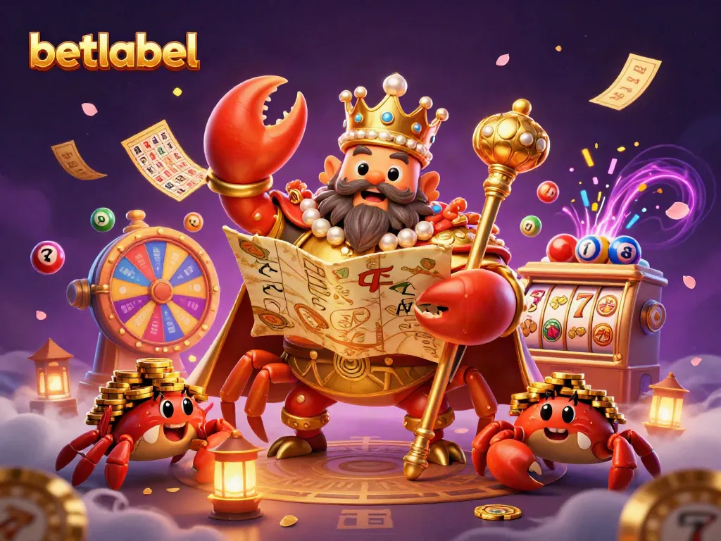 Betlabel showcases a vibrant casino scene with a golden crab emperor and lively game elements.