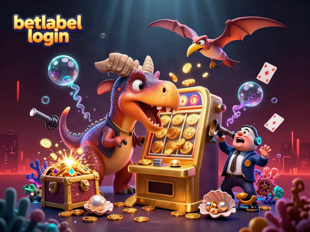Experience betlabel login as a pachycephalosaurus hits a golden slot machine amid colorful casino chaos.