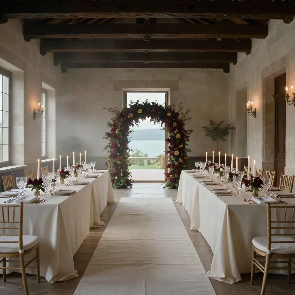 Salón de boda vacío en finca gallega, con pasillo marfil, mesa vestida y arco floral borgoña.