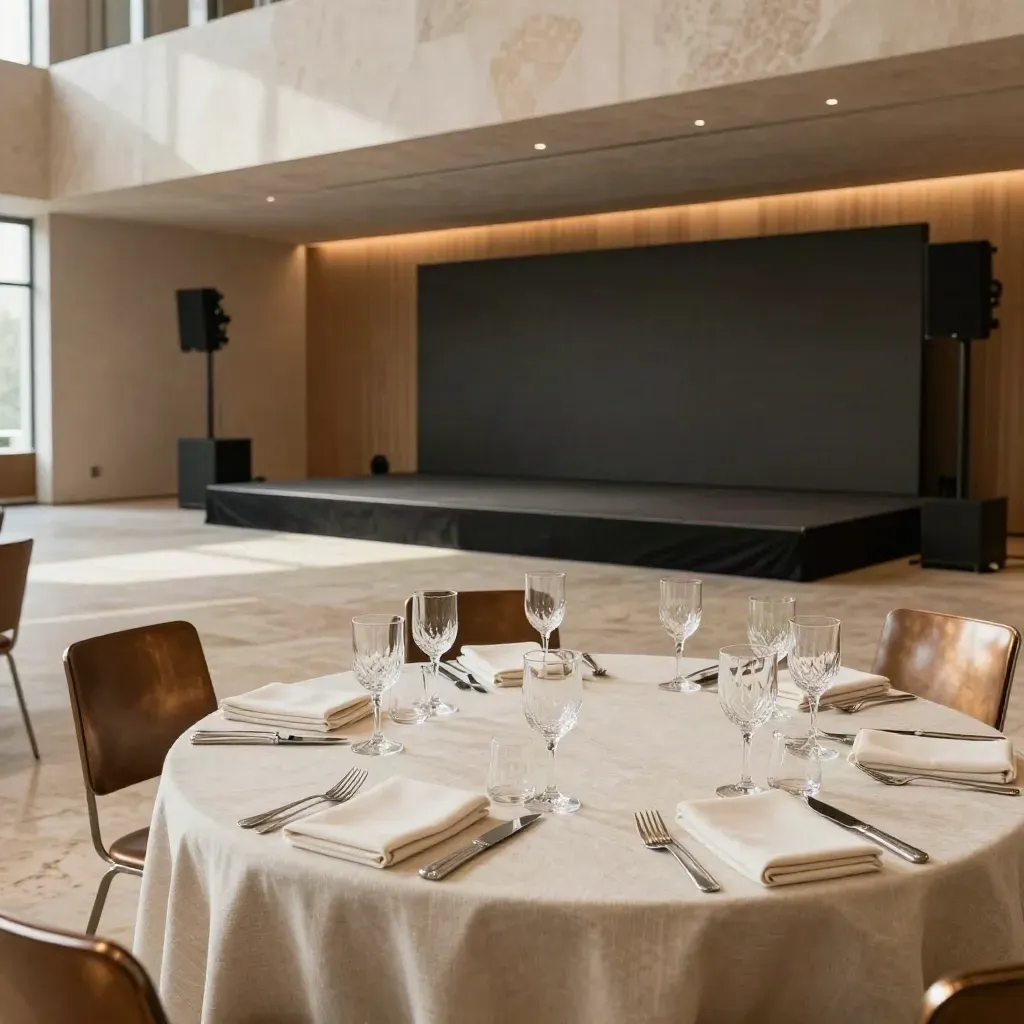 Sala corporativa lista para cena y presentación, con cristalería ordenada y escenario bajo.