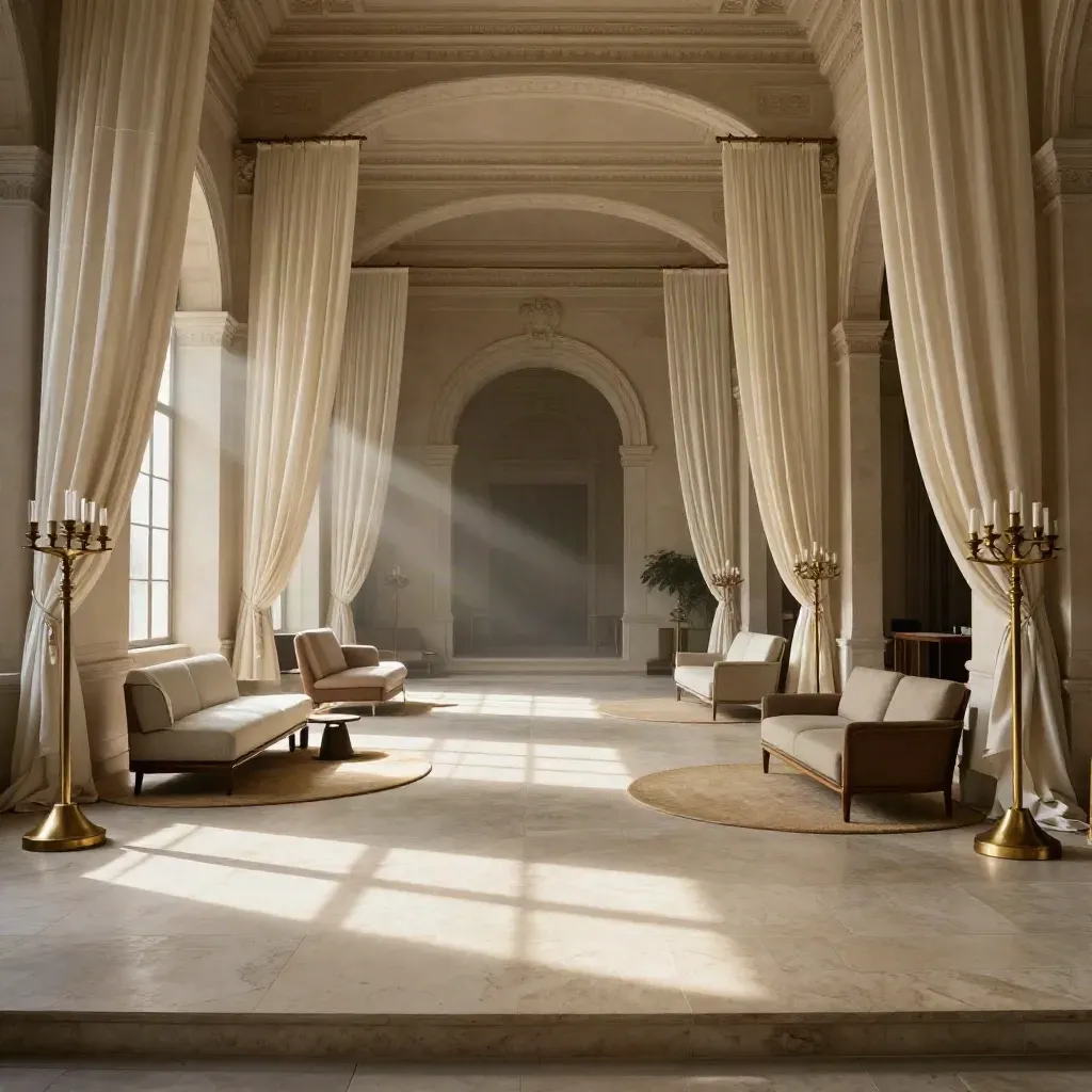 Salón palaciego vacío con luz lateral, piedra clara y rincones de invitados listos para evento