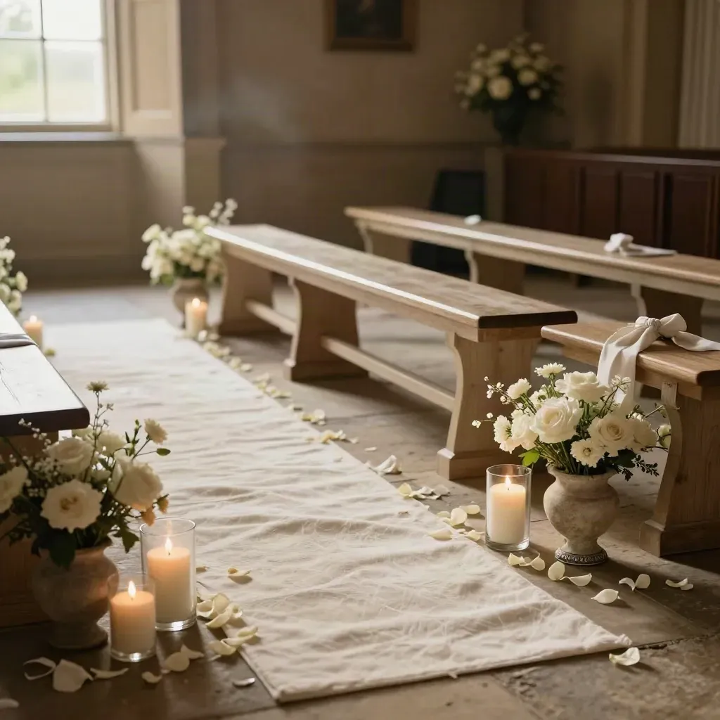 Pasillo de boda listo en una finca, con pétalos, velas crema y flores marfil.