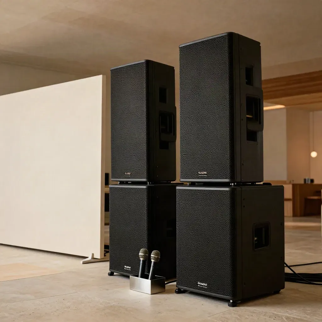 Equipo audiovisual negro, micrófonos y pantalla apagada en una sala de eventos luminosa.