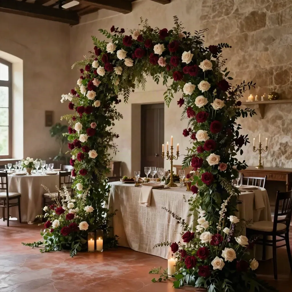 Arco floral borgoña y marfil con mesas vestidas y candelabros en una finca elegante.