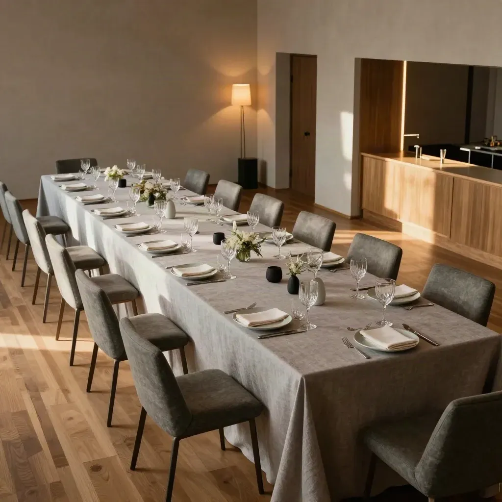 Sala de empresa lista con mesa larga, copas alineadas y sonido preparado
