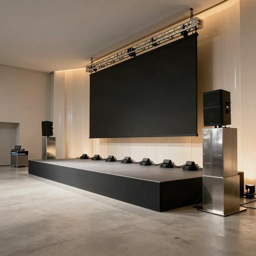 Sala moderna en Madrid lista para un lanzamiento, con pantalla negra, luces y tarima impecable.