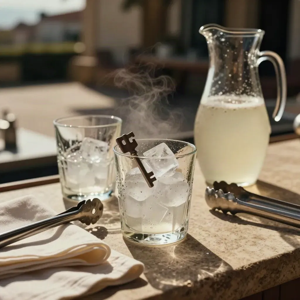 Montaje de cóctel de verano con hielo, copas y barra fría en una terraza de Lugo.