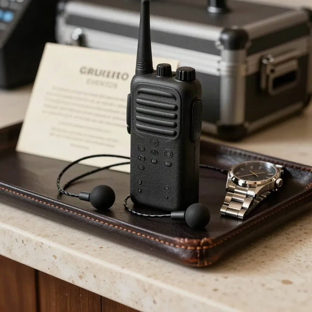 Kit de control de eventos con walkie, auricular y reloj sobre bandeja de cuero.