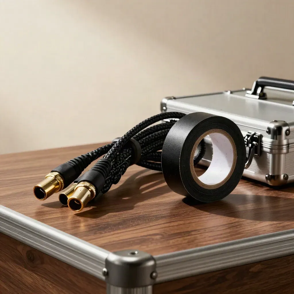 Bobina de cable XLR, conectores metálicos y cinta gaffer sobre mesa técnica, con luz dramática.