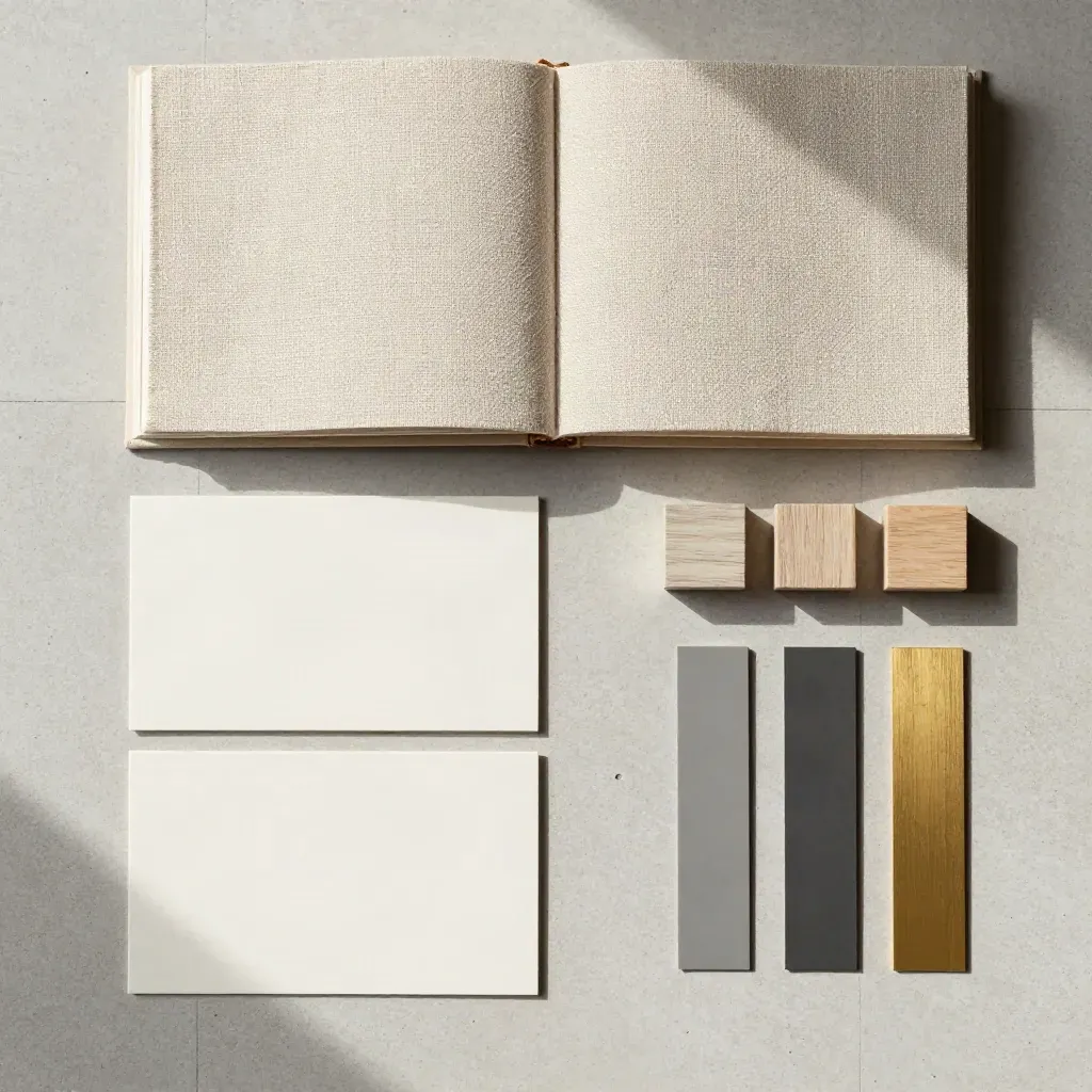 Muestrario de lino, tarjetas en blanco y tiras de color sobre concreto claro, vista cenital.