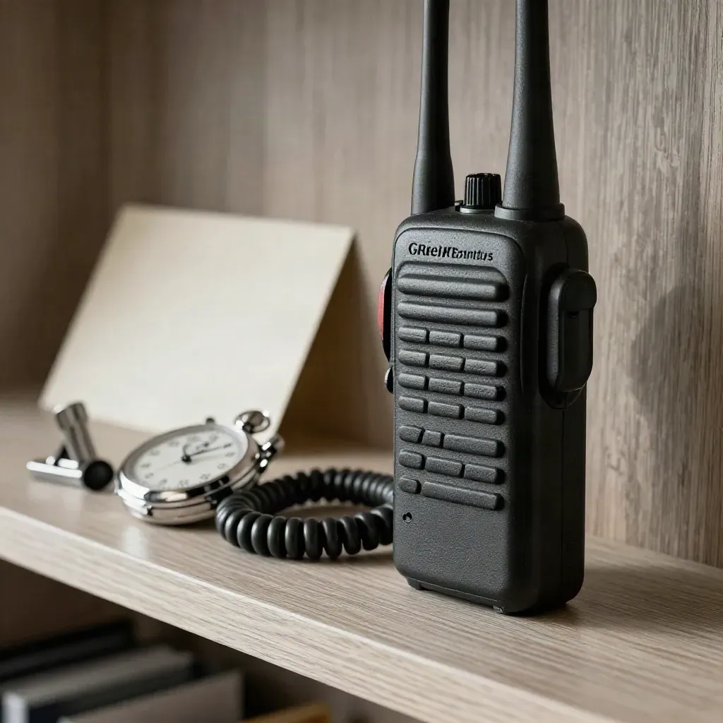 Walkie-talkie, auricular y cronómetro sobre una repisa de madera clara, estilo premium.