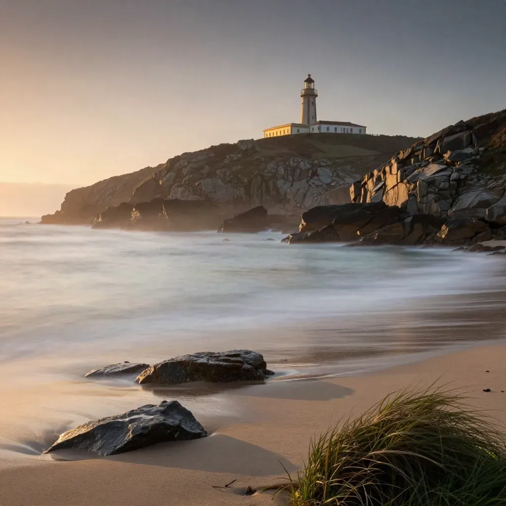 Faro de la Torre de Hércules sobre acantilados y mar tranquilo al amanecer en Galicia.
