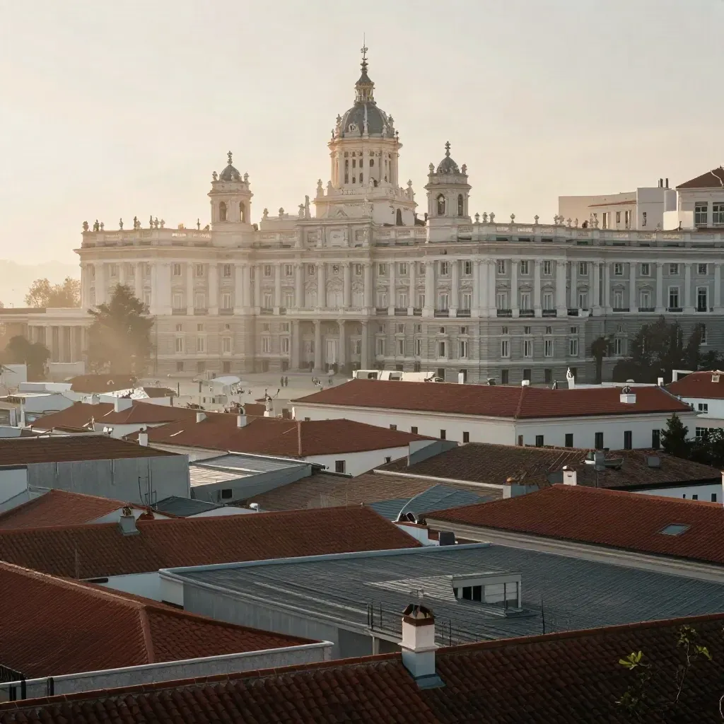 Azotea sobre Madrid con Cibeles en la calima y tejados rojizos al amanecer.