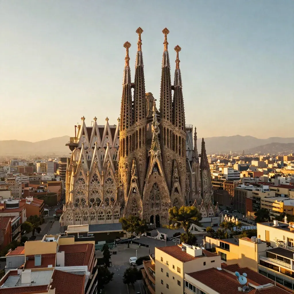 Sagrada Família sobre el Eixample al amanecer, con luz dorada y cielo suave.