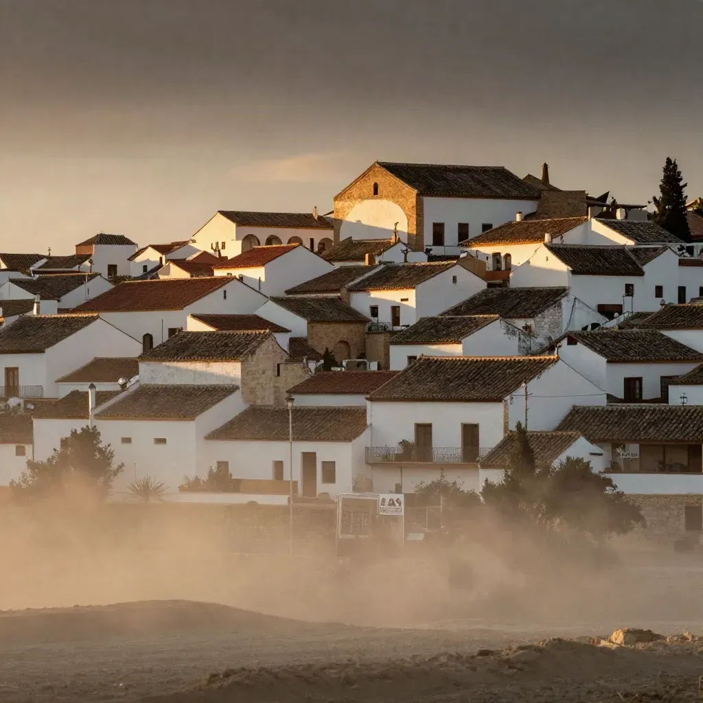 Vista andaluza al atardecer con tejados de teja, muros encalados y arcos sobre una ladera serena.