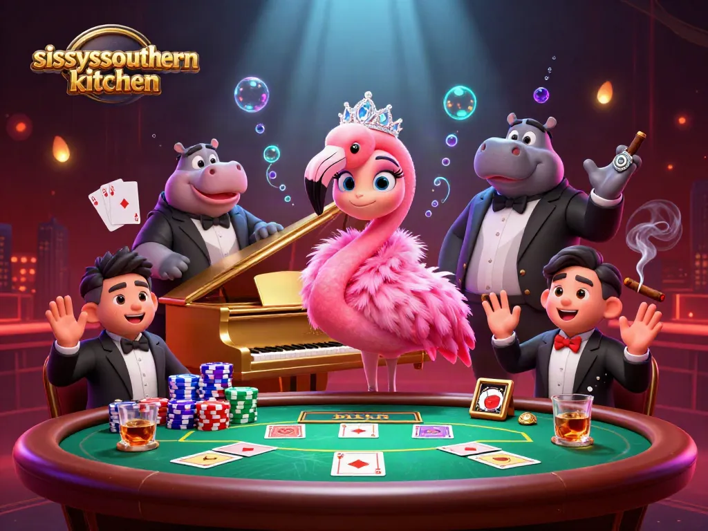Sissy's Southern Kitchen features a vibrant casino scene with a singing flamingo and hippo bassist.