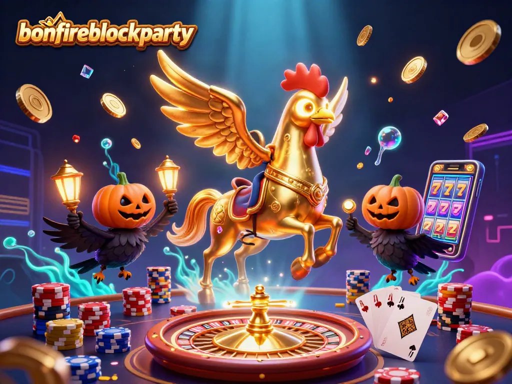 Engage in the bonfireblockparty casino experience with vibrant visuals of games, gold coins, and excitement.